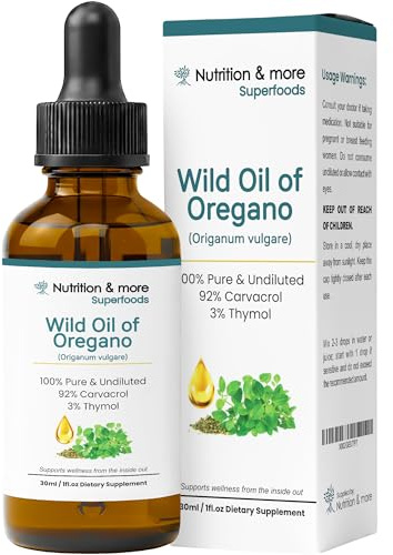 30ml Oregano Oil, 100% Pure & Undiluted Wild Oregano Oil with 92% Carvacrol, Supports Immunity, Cold & Cough Relief, Sore Throat and Digestive Health
