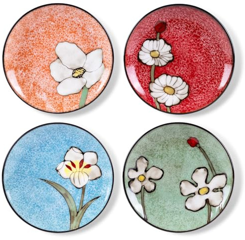 8 Inch Floral Plates , Ceramic Dinner Plates Set of 4, Microwave Dishwasher Oven Safe, for Salad, Dessert, Steak, Pasta & Appetizer, Breakfast Lunch Dinner, Porcelain Plates for Kitchen & Gift (Mix)
