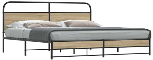 Hoopleep Metallbett 200x200 cm, Räuchereiche Stahl Bettgestell mit Lattenrost, Robustes Doppelbett Rahmen, Hohes Kopfteil und Fußteil, Stabile Beine für Schlafzimmer, Queen Size