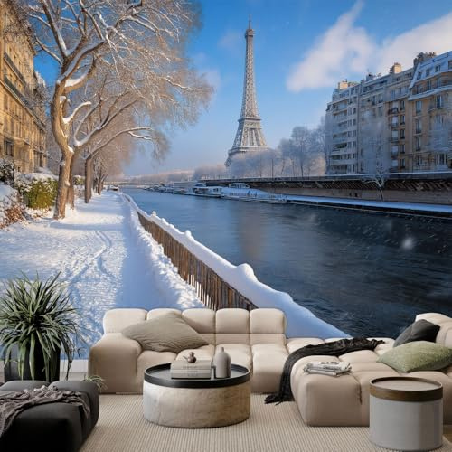 Générique Papier Peint Photo Intissé Moderne Ville Paris Romantique, Papier Peint Mural Panoramique Bleu - Fresque Murale Photo Tapisserie pour Décoration Chambre Salon, 350 x 256 cm (L x H)