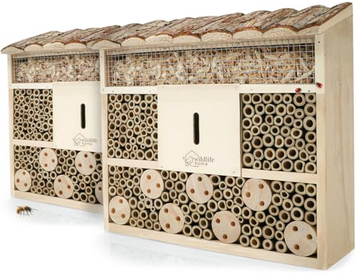 WILDLIFE HOME Bienenhotel Insektenhotel mit Rindendach - 2er Set I Unbehandelt, Bienenhaus aus Massiv-Holz für Bienen, Marienkäfer & Florfliegen, Insektenhaus I Nisthilfe Insektenhotel zum Aufhängen