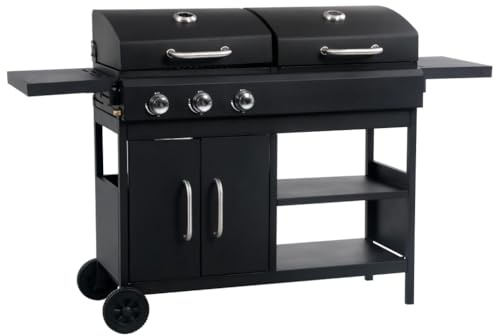 Mokuyary Barbecue Gril Combo à gaz et au Charbon avec 3 brûleurs Grille avec Roues, Chariot à Barbecue pour Terrasse, Extérieur, Jardin, Camping
