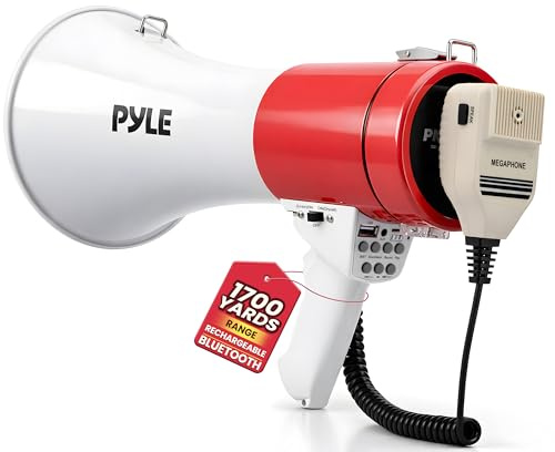 Pyle 50W Megaphone Bullhorn Speaker – Portable Bluetooth, Alarm Siren, Adjustable Volume up to 1700 Yards, Aux Input, USB/TF Playback, for Indoor/Outdoor Activities, Sports, and Emergency Drills – Red