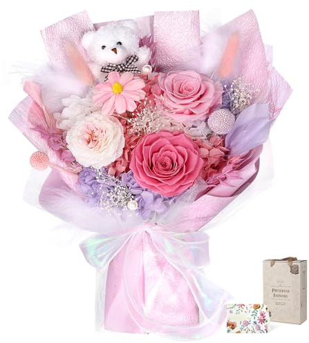 MAMAMIKO Ramo de Rosas Rosas preservadas con Osito – 3 Rosas infinitas, Regalo para Mujer | Rosas preservadas auténticas que duran años para San Valentín, cumpleaños, aniversario para novia, mamá