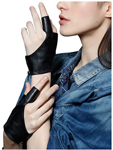 FIORETTO Womens Fingerless Leather Gloves Unlined Leather Driving Gloves Dancing Performance Punk Half Finger Gloves Black Medium