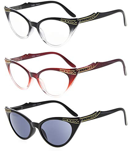 Eyekepper Mujeres 3 pares de gafas de lectura vintage de damas de gato lectores de ojos, incluyen Sunshine Readers (Negro Transparente/Rojo Transparente/Gris Lente, 3.00)