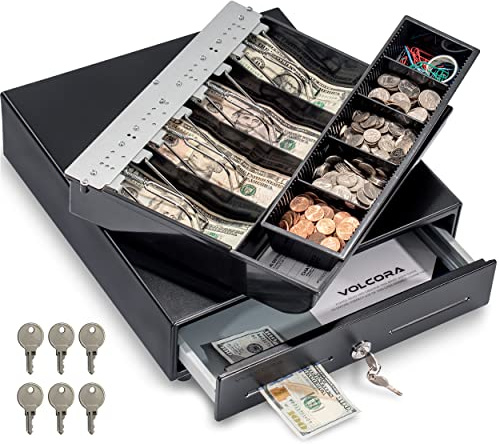 Volcora 13 Cash Register Drawer for Point of Sale (POS) System with Fully Removable 2 Tier Cash Tray, 4 Bill/5 Coin, 12-24V, RJ11/RJ12 Key-Lock, Double Media Slot, Small Money Drawer, Black