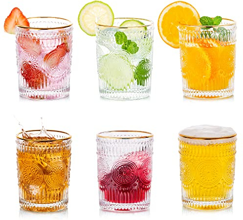 Glasseam Verres À Eau Buvant 300Ml Jante en Or Gobelets Vintage Ensemble De 6 Grands Verres À Whisky pour Jus De Café Thé pour La Fête, Bar