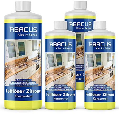 ABACUS® Fettlöser Zitrone Konzentrat, Zitronen Allzweckreiniger Konzentrat, Küchenreiniger, Kraftreiniger, Universalreiniger, Nikotinentferner – Fettlöser Zitrone Konzentrat 4x 1000 ml (7699.4)