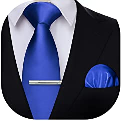 HISDERN Krawatte für Herren Königsblau - Krawatte mit Einstecktuch Krawattenklammer Hochzeit Einfarbig Seide Krawatten und Taschentuch Set für Männer