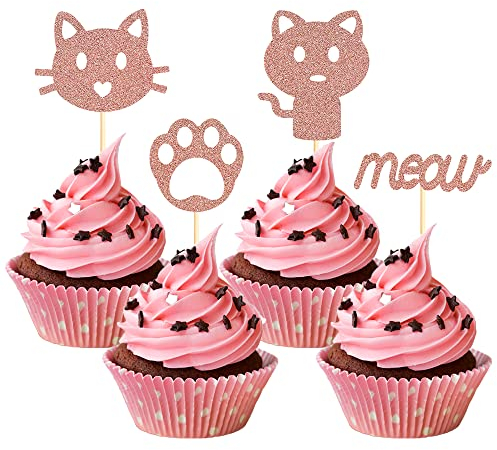 24PCS Cat Cupcake Toppers Rose Gold Glitter Cat Face Cupcake Toppers for Kitten Themed Baby Shower Kids Birthday Party Supplies Decorations