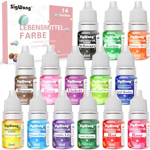 Lebensmittelfarbe Flüssige - 14 Farben Hochkonzentriert Lebensmittelfarbe für Backen, Kekse, Fondant, Macaron,DIY Seifen, Kunsthandwerk Einfärben - 6 ml Flaschen