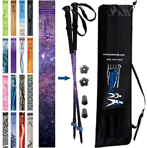 York Nordic Hiking & Walking Poles - Cushion Foam Trek/Hiking Grips - Lightweight, Adjustable, and Collapsible -2 Pieces Adjustable w/flip Locks, and Travel Bag (Galaxy) - Heights 5'4-6'2