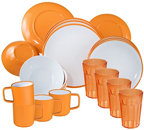 Camping Geschirr Set aus Melamin und Glas Set für 4 Personen - 20 Teile - Campinggeschirr - gelb weiß - mit Trinkglas 630 ml - Gläsern - Anti-Slip-Tassen