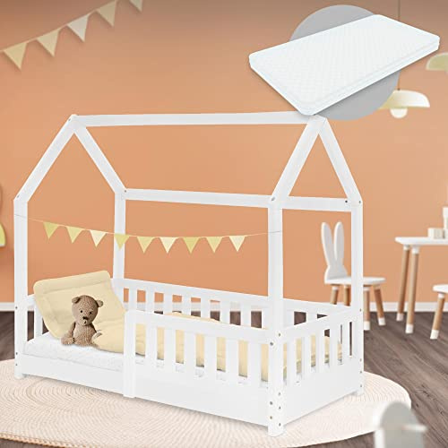ML-Design Barnsäng 70x140 cm vit med madrass, fallskydd, tak och lamellram, leksäng i massivt trä, hussäng för tjejer/killar, sänghus i furu, ungdomssäng barnhus träsäng