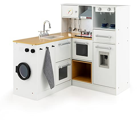 DREAMADE Große Kinderküche mit Licht und Sound, Kinderspielküche mit Waschbecken Herd Backoffen, Spielküche aus Holz für Kinder ab 3 Jahren, inkl. Küchenzubehör
