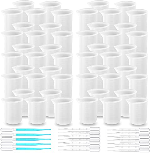Woohome 50 Stück Silikon Messbechern für Harz, 100 ml Silikon Messbecher Antihaft Mischbecher Mischbecher Epoxidharz Silikonbecher mit Plastiktropfen für Epoxidharzmischung, Schmuckherstellung