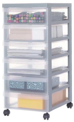 Iris Ohyama Kunststoff-Schubladenbox mit Rollen, 6 flachen Schubladen, Grau, Griffe zum Ziehen, Für Schlafzimmer, Bad, Schule & Büro, BPA-frei, Schubladenschrank, Rollcontainer, A4 Drawer, DC-360