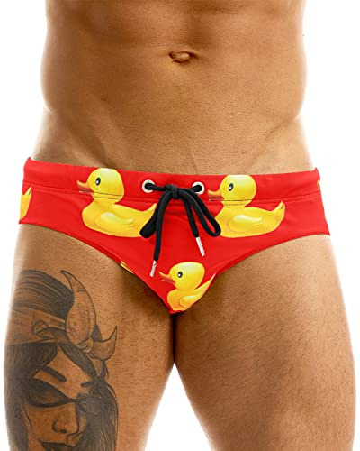 MIZOK Men's Sexy Cartoon Print Swim Bikini Low Rise Surfing Briefs Quick Dry Swimsuit Swimwear Short Red 2XL