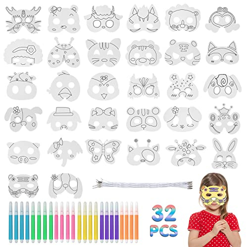 Corpower Tiermasken für Kinder, 32 Stück Tiermasken Cosplay Party Masken | mit 32 Bungee-Strings und 24 Farbigen Aquarell-Pinsel, DIY Blanko Bemalen Masken, für Halloween Weihnachten Geburtstag
