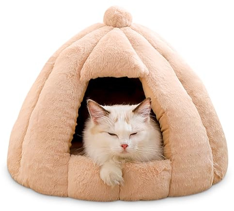 ALLSOPETS Hundehöhlenbett Katzenhöhle Igloo-Nest mit Abnehmbarem Waschbarem Kissen, Kuscheliges Warmes Haustierzelt für Kleine bis Mittelgroße Hunde und Katzen (Warmes Khaki, M)