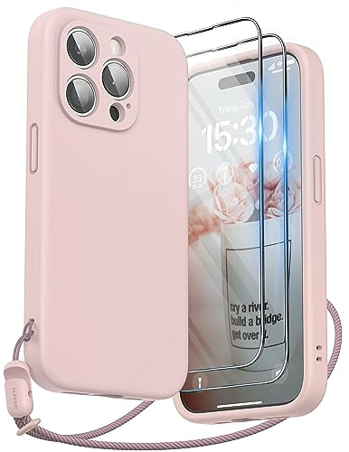 SURPHY Cover Silicone Liquido Compatibile con iPhone 15 Pro con Vetro Temperato e Cordino, Silicone Custodia per iphone 15 pro(6,1) ,Protezione Fotocamera, Rosa sabbia