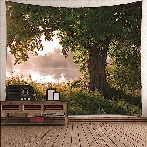 Banemi Wandtuch 200x200, Wandtuch Wald Grün Polyester Baum und See Wandteppich Wohnzimmer Deko Wand