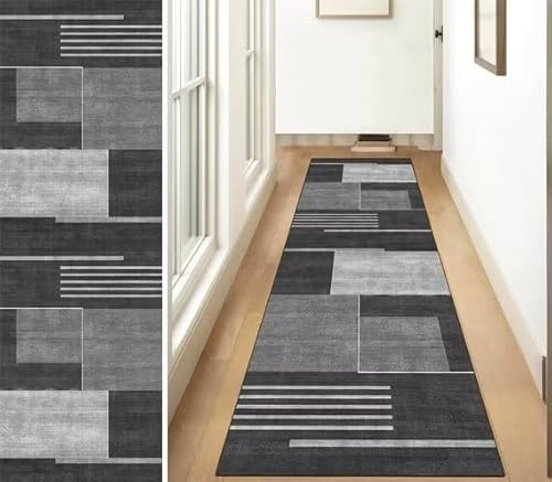 ZUZEKU Teppich Läufer Flur Läufer Flur rutschfest Washchbar Küchenteppich Grau 70X350cm Kücheläufer Teppichläufer für Flur Wohnzimmer Küche Büro Schlafzimmer Esszimmer Korridor