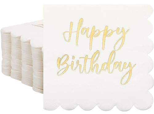Qilery 100 Pack Happy Birthday Napkins Bulk Scalloped Disposable Cocktail White and Gold Napkins 2 Ply Paper Serviette for Birthday Party Supplies, 5 x 5 Inch