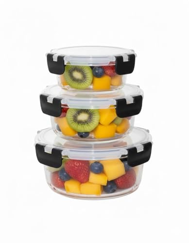 HOUSZY Stackable Round Glass Meal Prep Containers, Set of 3, Airtight | Borosilicate, non-toxic, leakproof, microwave, oven and dishwasher safe. Meal prep boxes.