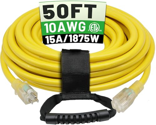POWGRN 50 Ft 10AWG Outdoor Extension Cord Waterproof Heavy Duty 10 Gauge 3 Prong, Flexible Cold-Resistant Long Power Cord Outside with Lighted Indicator End, 15Amp 1875W SJTW Yellow ETL Listed