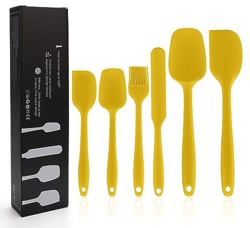 Silikon Spachtel Set, 6 PCS Küche Spatel Hitzebeständige Antihaft Kochlöffel Teigschaber Backpinsel Silikon Spatel mit Metallkern Ideal für Kochen und Backen (Gelb)