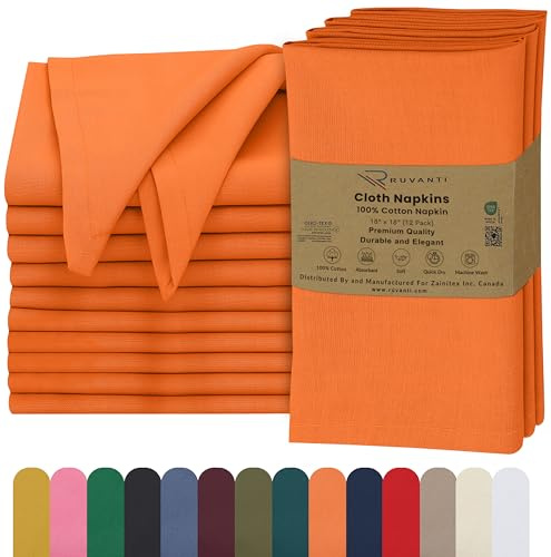 Ruvanti tygservetter set med 12, 45 x 45 cm, 100% bomull, tvättbar, mjuk och absorberande, perfekt för bröllop, jul, tacksägelsemiddagar – orange Peel