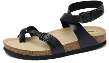 Mesing Sandalias Chanclas Mujer Verano Plana de Corcho Mules con Hebilla Correa de Tobillo Sandalias de Pala Cómodo Piel de Ante Pantuflas XZH12-Black-EU41