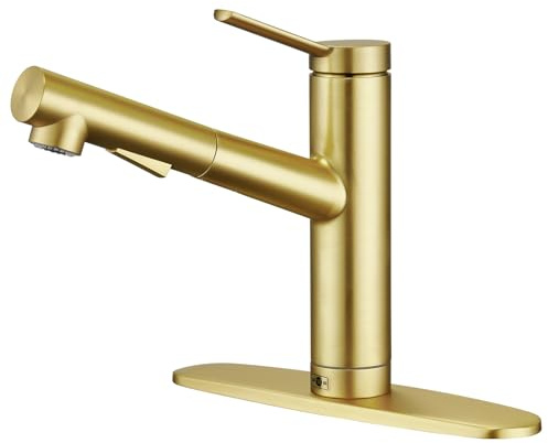 CREA Low Profile Kitchen Faucet with Pull Out Sprayer,Bar Sink Faucet Single Hole Handle,Prep Wet Bar Laundry Utility Short Small Modern Outdoor RV Gold