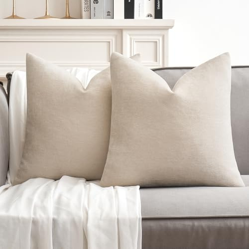 MIULEE Pack of 2 Cream Decorative Pillow Covers 18x18 Inch Soft Chenille Couch Spring Throw Pillows Farmhouse Cushion Covers for Home Decor Sofa Bedroom Living Room