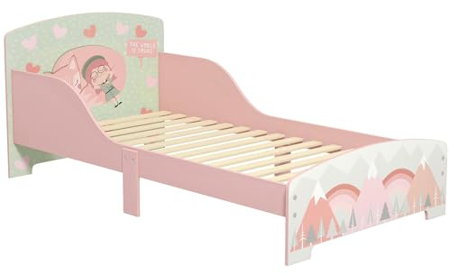 ZONEKIZ Barnsäng barnsäng 3–6 år med säkerhetsbarriärer och mönster dim 77 x 143 x 60 cm ribbotten ingår – rosa