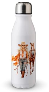 MAXIKIWI - Single Wall Water Drinking Bottle with Screw Cap, Non Insulated Lightweight Aluminium, BPA Free, Leak-Proof - Cowgirl Best Friend - 500ml