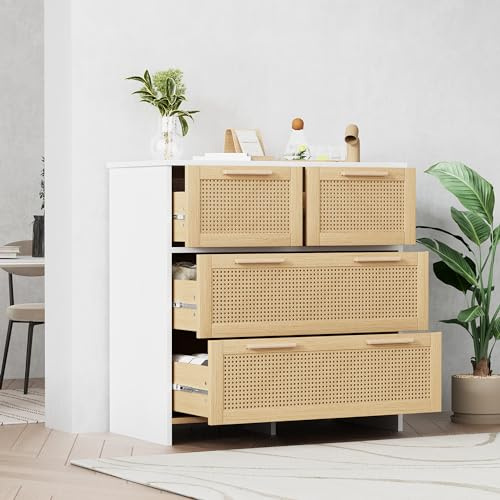 Merax Sideboard Wohnzimmer Kommode 4-Schubladen Rattanschrank mit Massivholzgriffen - Vielseitiger Stauraum für Schlafzimmer, Wohnzimmer, Flur und Esszimmer - 80x80x38 cm Natur+Weiß