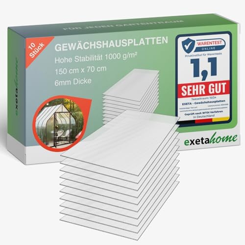 Exeta 10x Gewächshausplatten 6mm I Polycarbonat Hohlkammerplatten für Gewächshäuser I PC Doppelstegplatten UV-beständig & bruchsicher I für Garten, Frühbeet uvm I 70cm x 150cm I Transparent