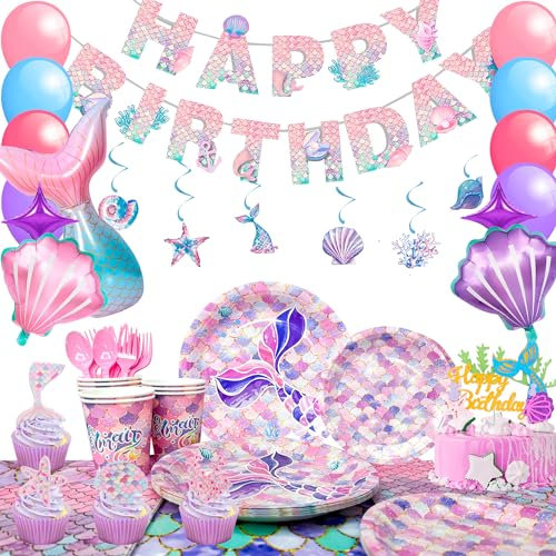 Generisch Mermaid Birthday Decoration,90pcs Meerjungfrau Geburtstag Deko Meerjungfrau Partygeschirr, Meerjungfrau Geburtstag Pappteller Tischdecken Banner etc Partyzubehör für Meerjungfrauen