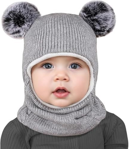 UQMIQURA Schlupfmütze Baby, Warm Niedlich Wintermütze Warm Mütze, Bommelmütze Strickmütze mit Pompom, Beanie Mütze Weiche Baumwollkaps Schals Hüte für Jungen Mädchen 2-7 Jahre