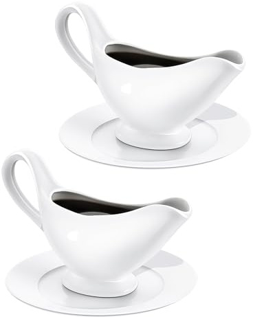 Gravy Boat Set,2 Set 10.15 oz Ceramic Gravy Boat Sauce Boat With Saucer Stand,White Porcelain Sauce Boat for Salad Dressings, Creamer, Broth, Black Pepper, Gravy Server with Tray, Kitchen Serving Set