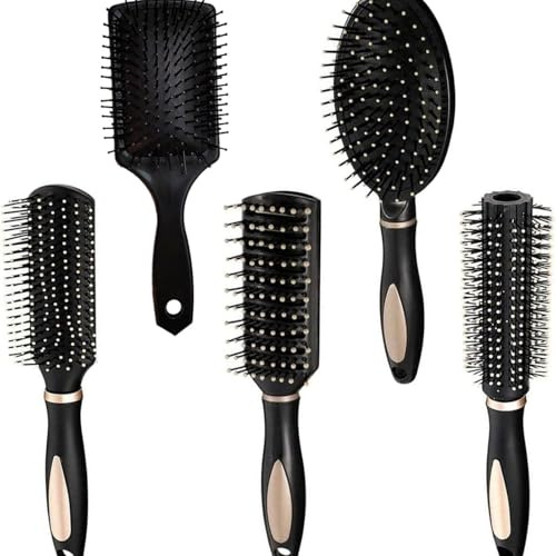 Conjunto de 5 Cepillos de Pelo para Secado - Cepillos para Estilizar, Alisar y Desenredar el Cabello - Cepillos Anti Frizz y Anti-Encrespamiento para Cuidado del Cabello - Ideal para Todo Ti
