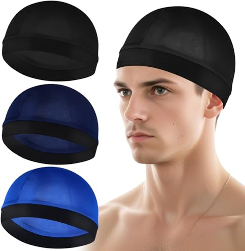 3Pcs Wave Cap Silky Elastic Band Caps Soft Breathable Hair Wrap Satin Sleeping Shower Cap Hair Bonnet for Sleep Unisex Beanie Cap Beanies Hat for Men Women Athletes, Black, Royal Blue, Navy Blue, 0-1