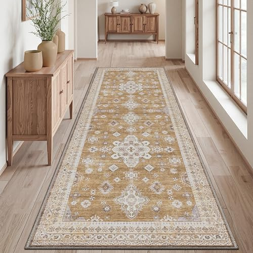 DEXI Alfombra Pasillo 61 x 183 cm, Alfombras Cocina Lavable Antideslizante, Alfombrilla Vintage y Fina para Entrada Casa Interior, Lavadero, Comedor, Marrón Claro