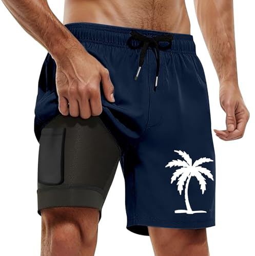 Slip de bain pour homme uni, été, décontracté, grande taille, sport, imprimé arbre à noix de coco, double short de plage, slip de bain court pour homme, rétro, Marine, 4XL