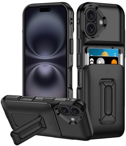 Coolden for iPhone 16 Case with Card Holder [2 Cards] Kickstand Slide Cover Military Grade Heavy Duty Protective Hard PC Soft Silicone Shockproof Wallet Card Slot Phone Case for iPhone 16-Black