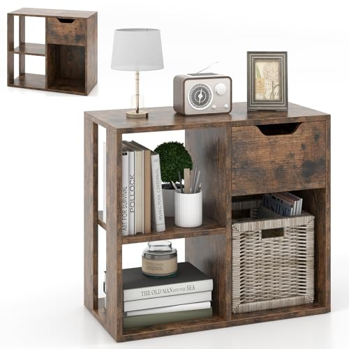 HOMASIS Bücherregal, Würfelregal mit Schublade & 3 Fächern, Standregal aus Holz, Büroregal mit offenen Ablagen, Raumteiler Bücherschrank für Wohnzimmer, Büro, Schlafzimmer (Braun)