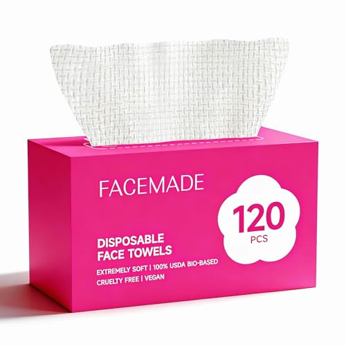 FACEMADE Face Towels Value Pack, 100% Biobased Vegan Disposable Face Towel | Facial Towels for Cleansing & Makeup Removal, 120 Count 8” x 8” Face Wipes for Sensitive Skin, Lint & Odor Free Dry Wipes